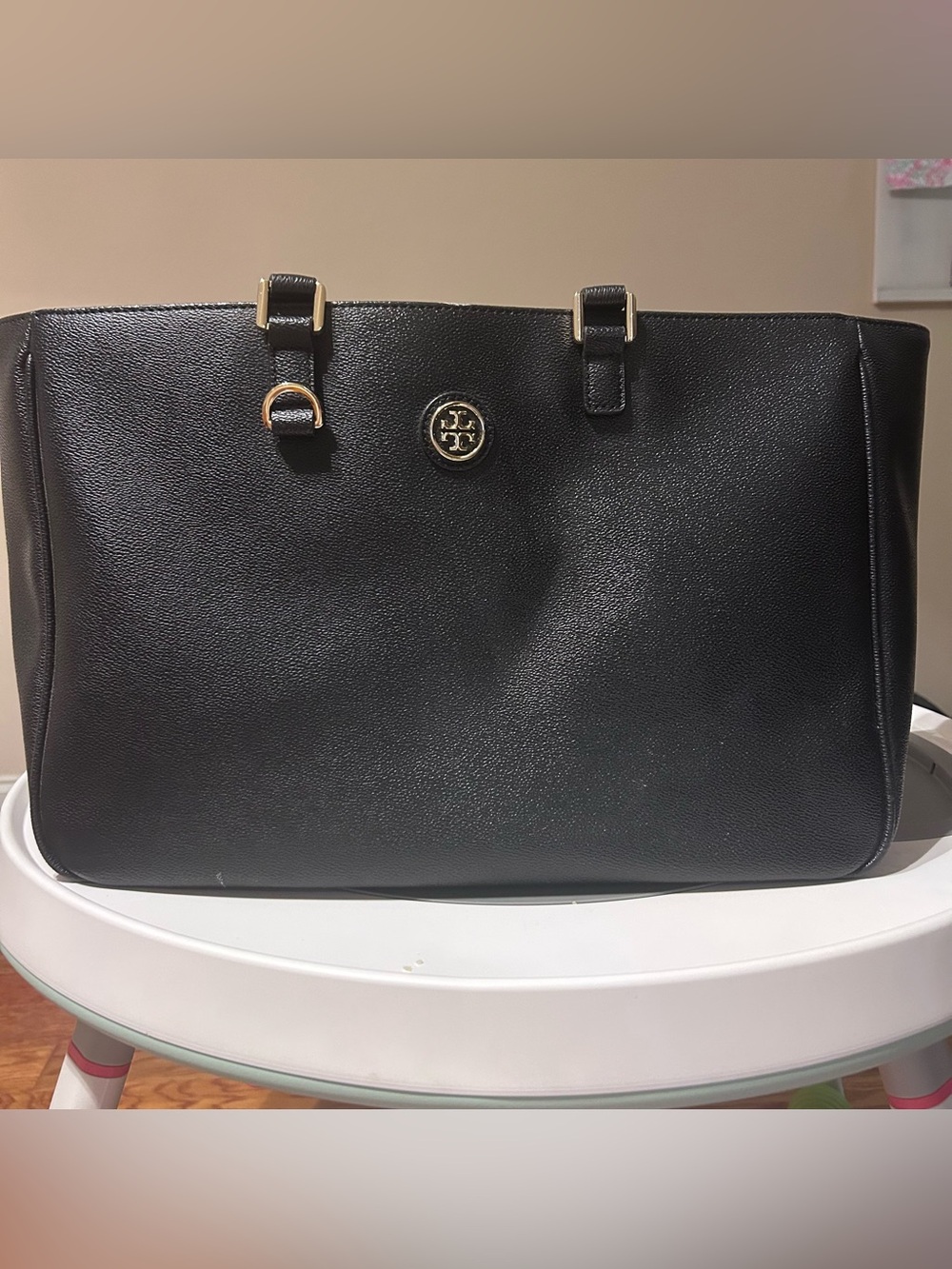 Tory Burch Black Leather Tote with Gold Logo